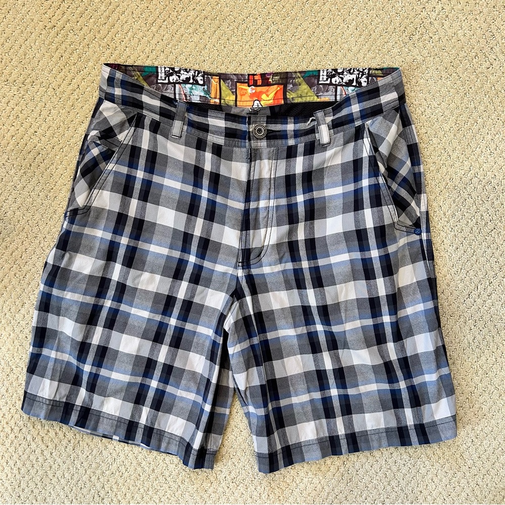 Lululemon Athletica Comic Strip Waistband Blue and Gray Plaid Men's Shorts